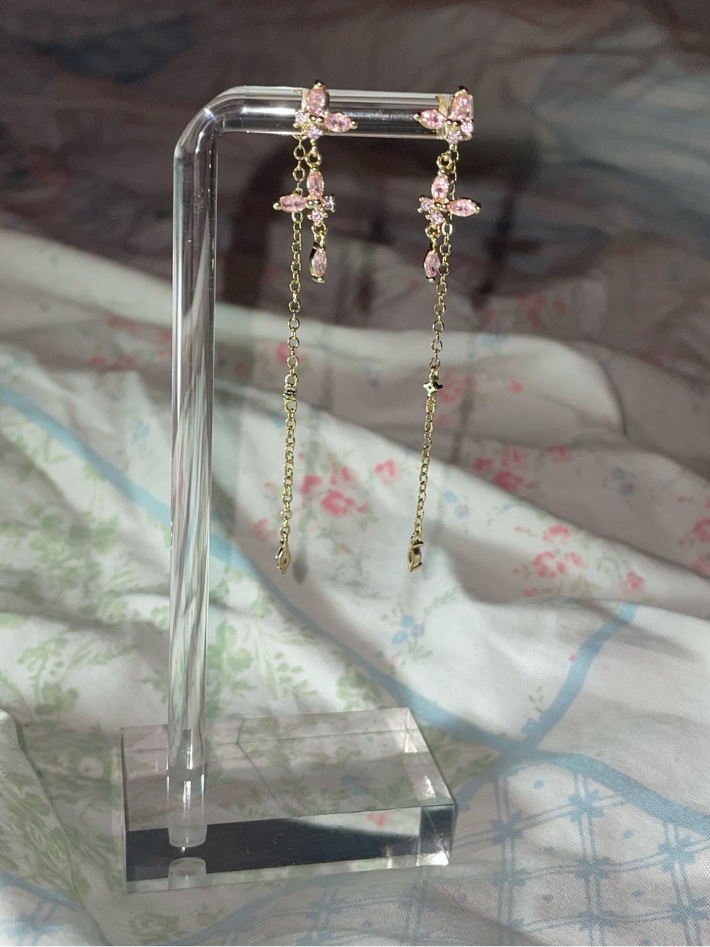 Delicate Pink Crystal Drop Earrings - Gold Tone